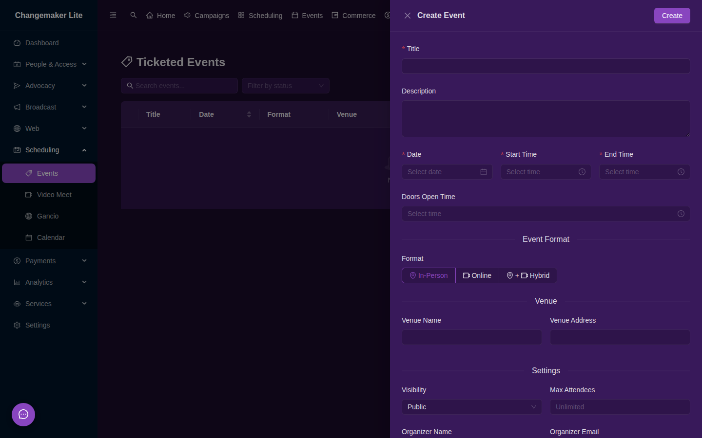Create Event drawer