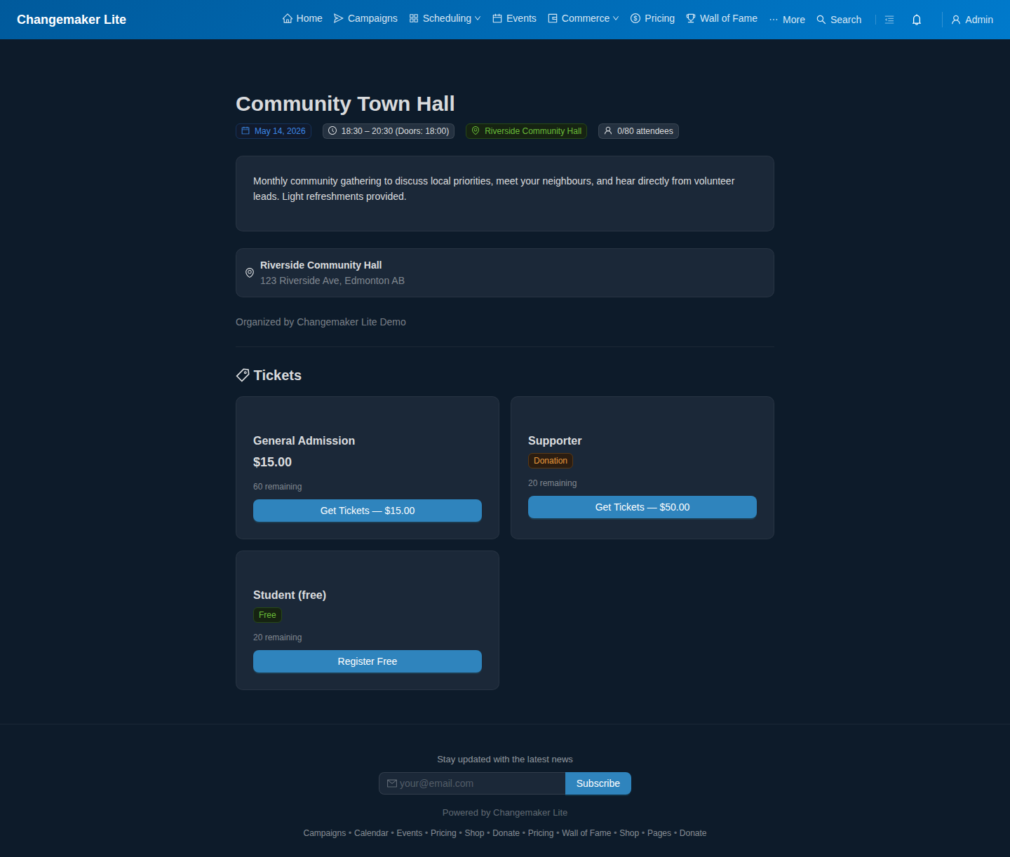 Public event page