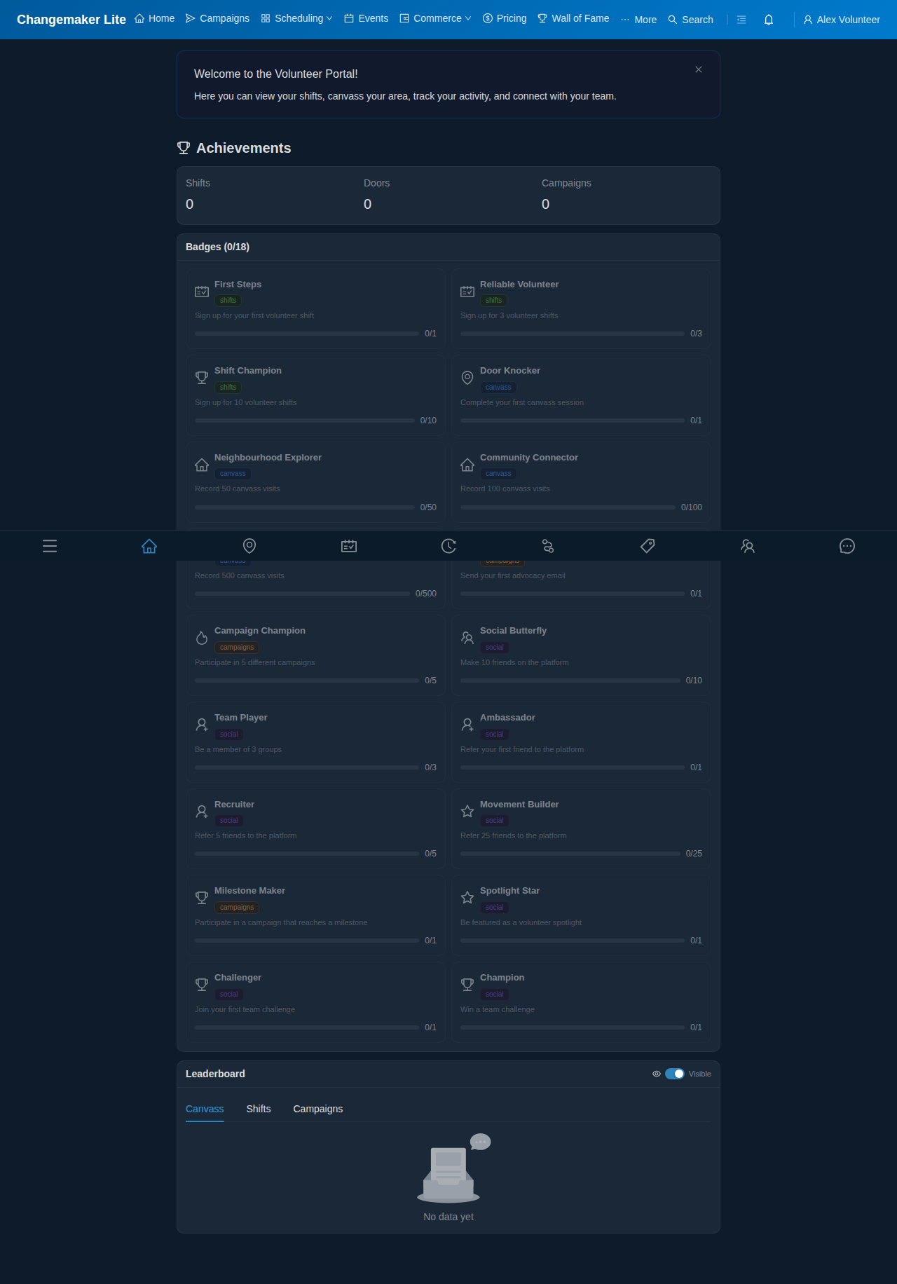 Achievements page with badge gallery and progress bars