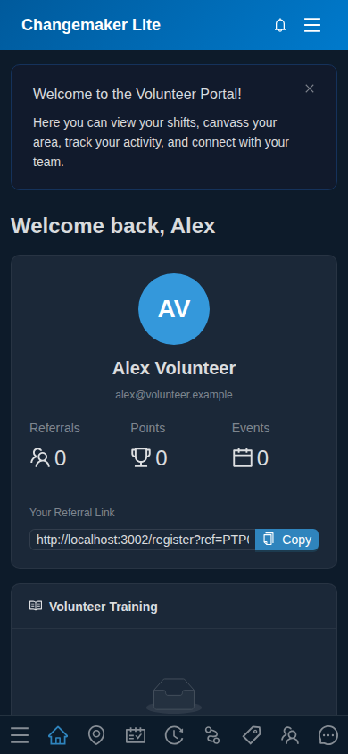 Volunteer dashboard on mobile