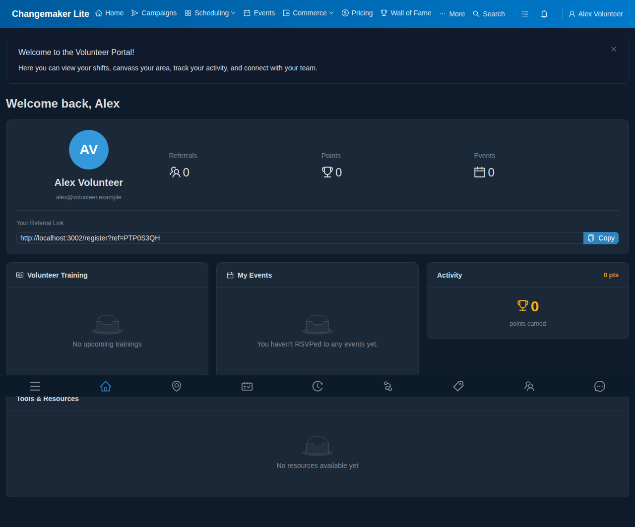 Volunteer dashboard