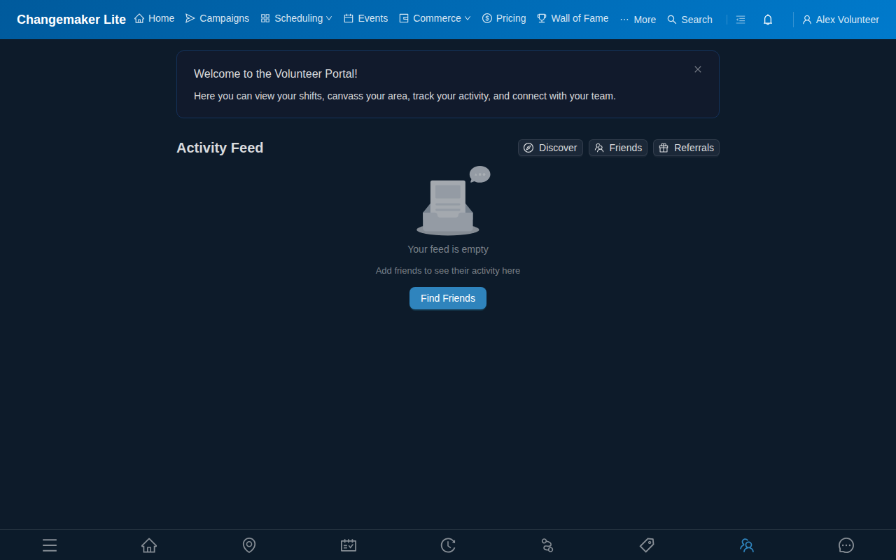 Activity Feed page with Discover, Friends, and Referrals shortcuts