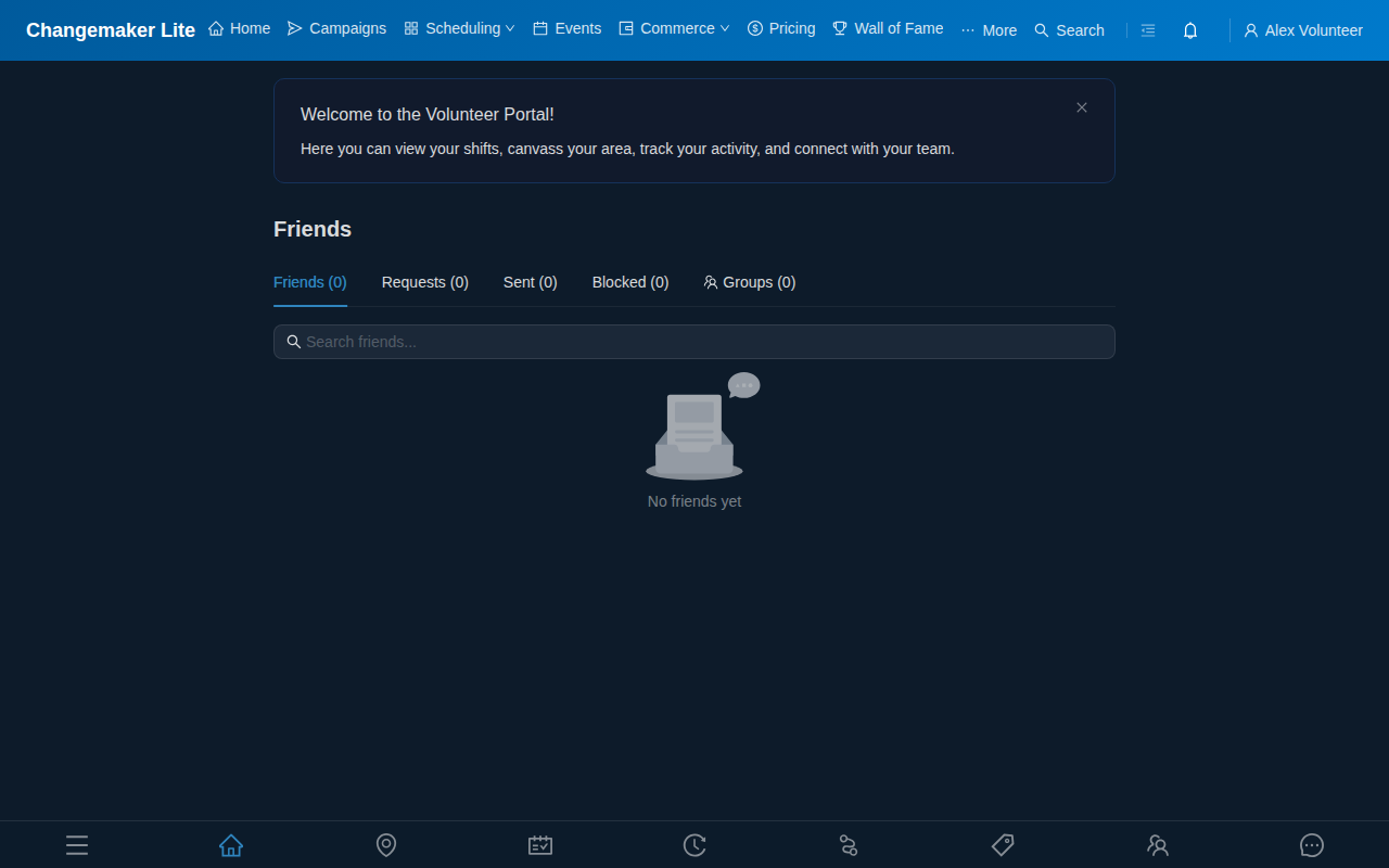Friends page with Friends, Requests, Sent, Blocked, and Groups tabs