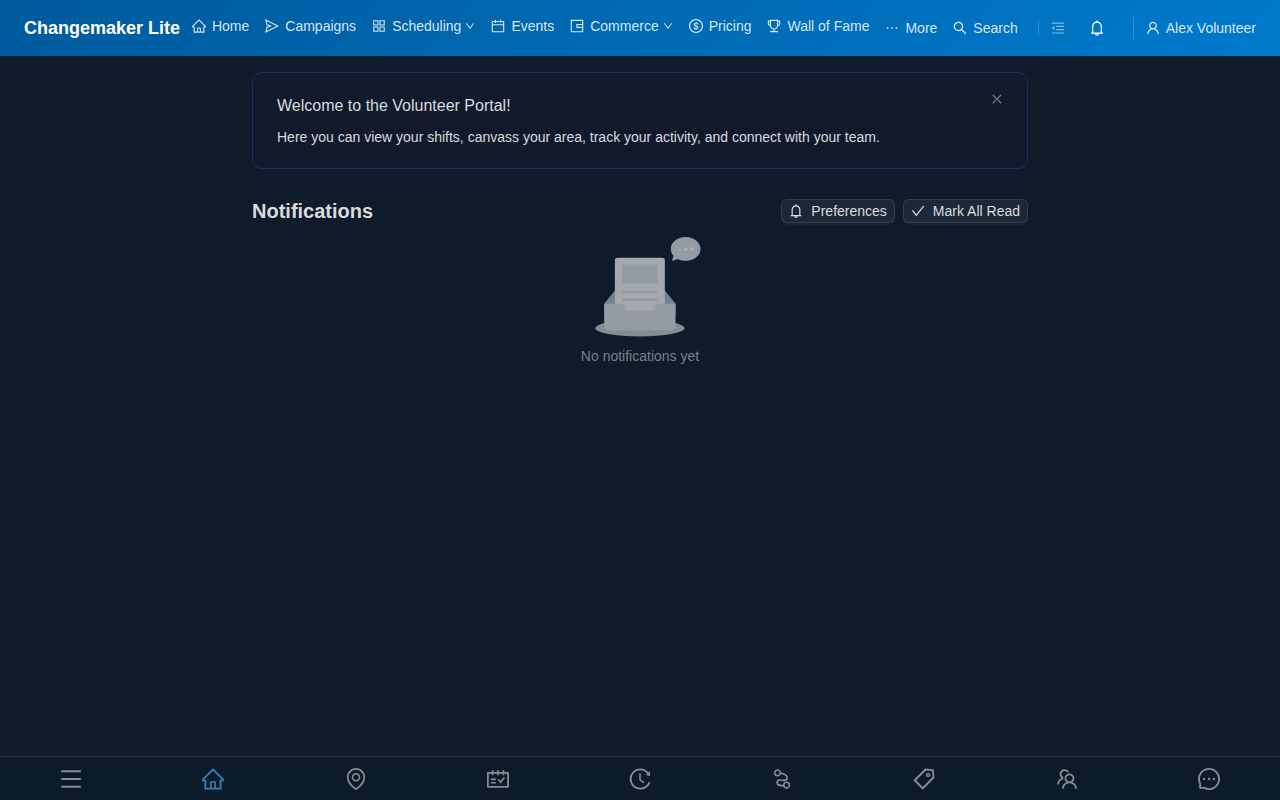 Notifications page with Preferences and Mark All Read controls