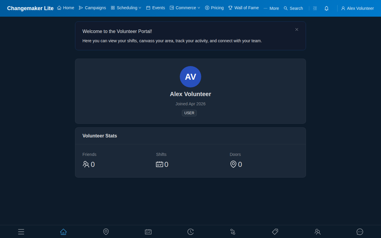 Volunteer social profile with stats card