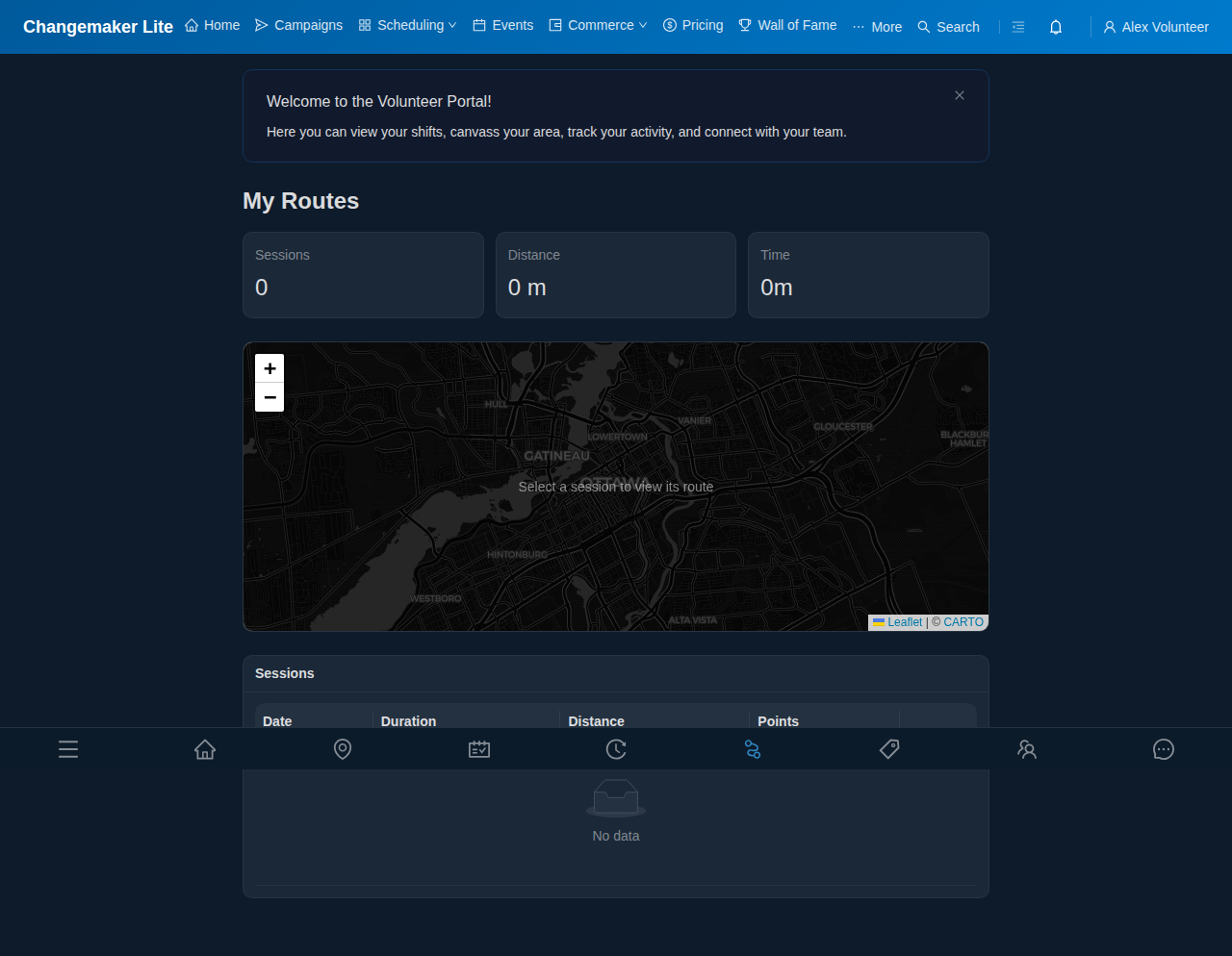 My Routes page with session stats and route map