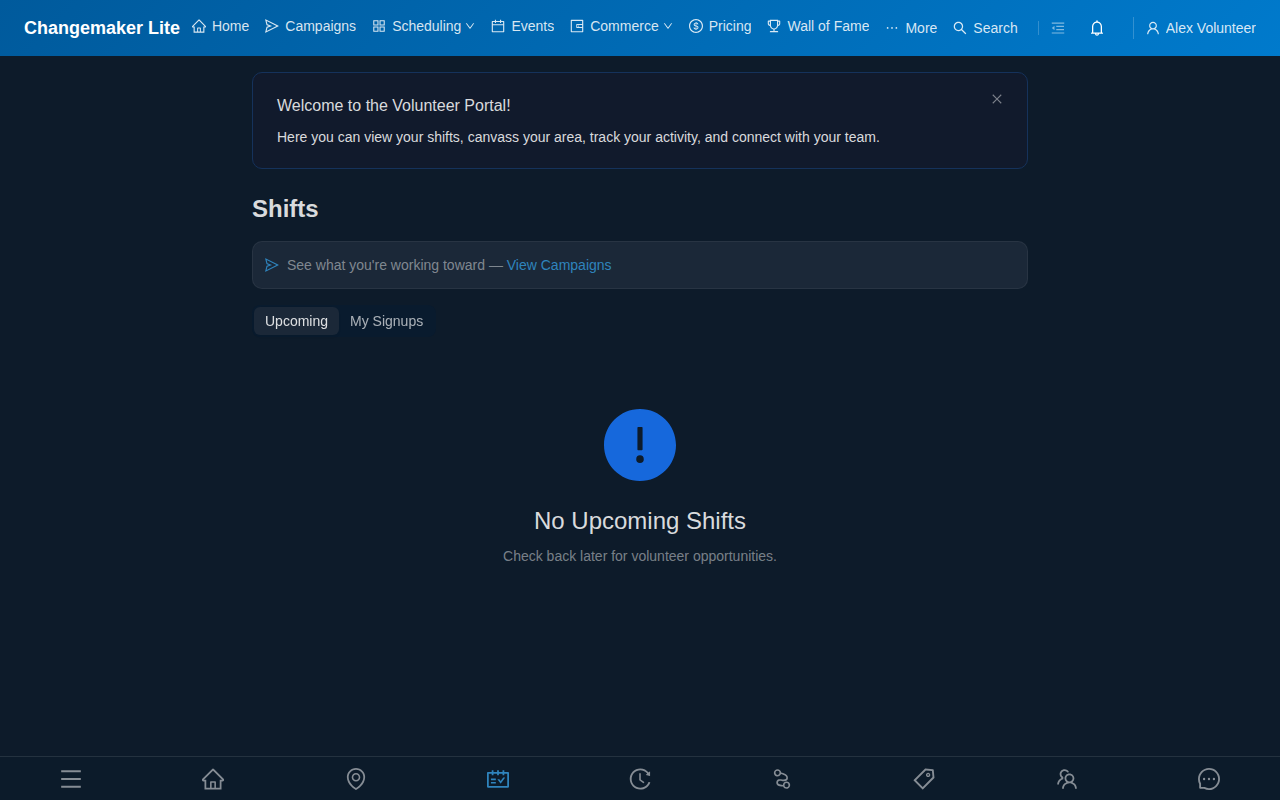 Volunteer Shifts page with Upcoming and My Signups tabs